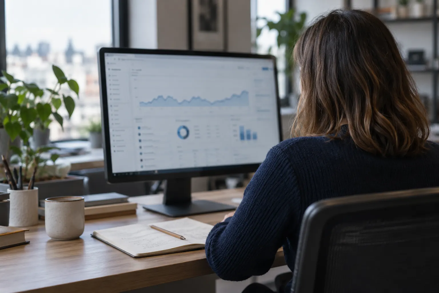 Illustrative photo of a marketing analyst reviewing search performance charts