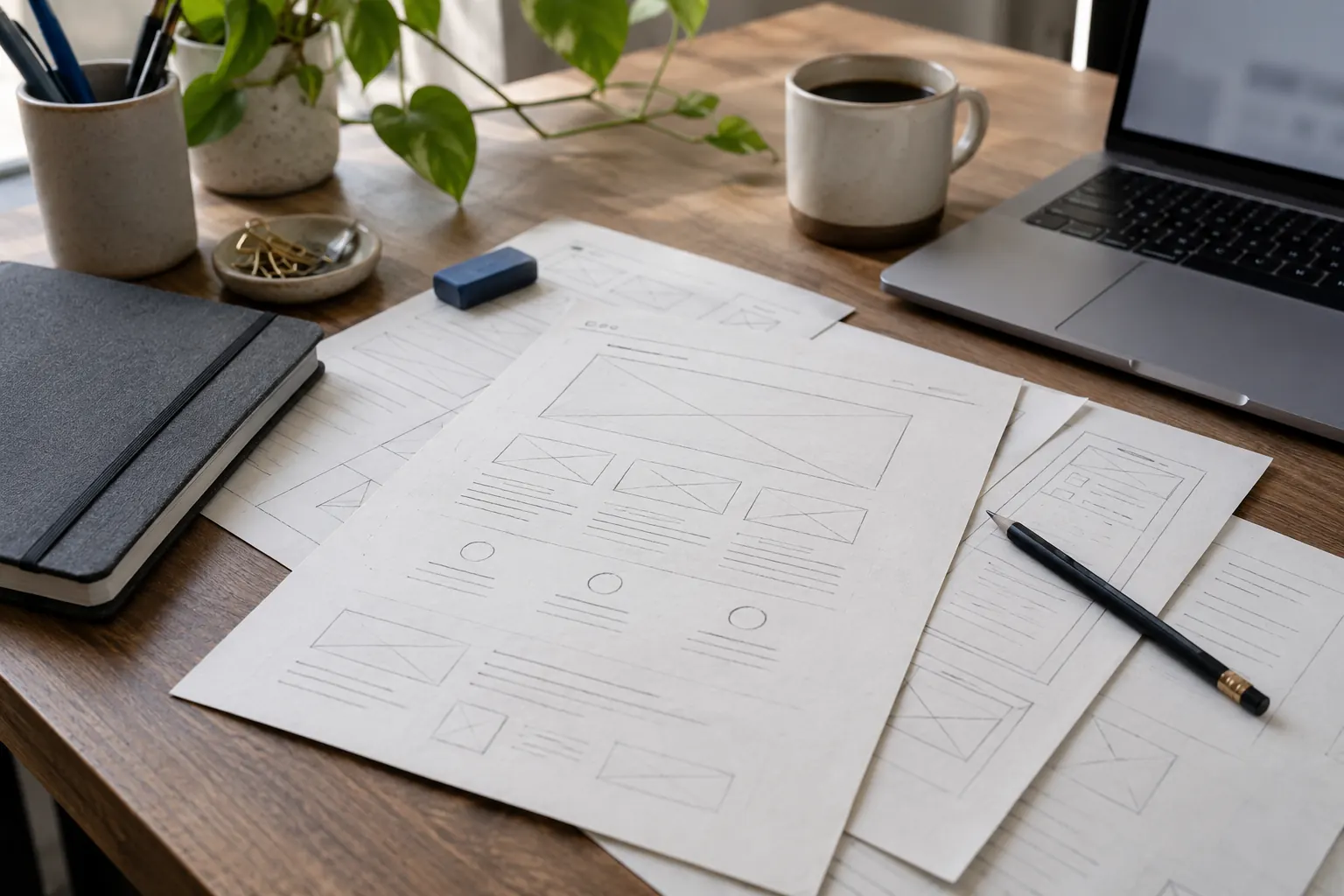 Illustrative photo of paper website wireframes and a project planning desk