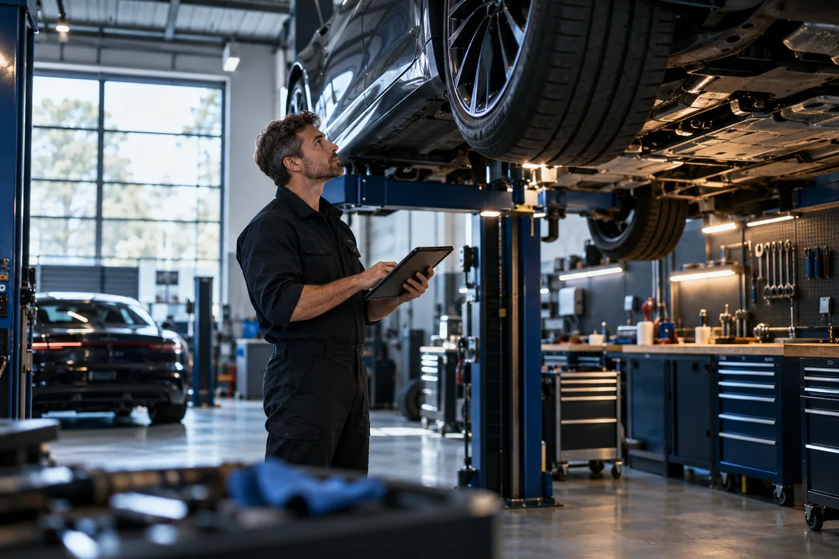 Illustrative automotive technician in a professional workshop