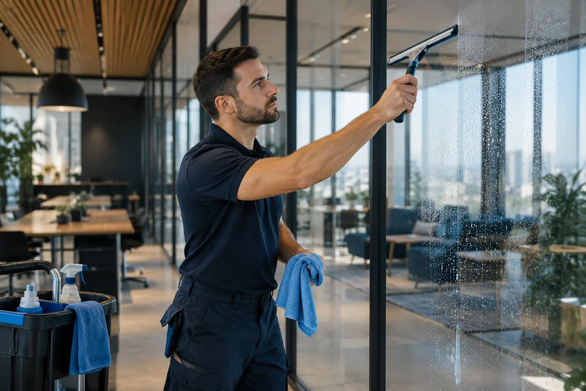 Illustrative professional glass cleaning in a modern office