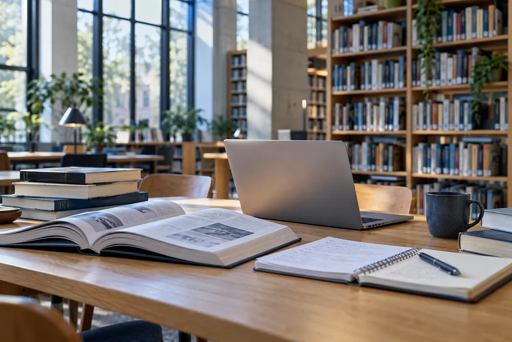 Illustrative university study and research workspace