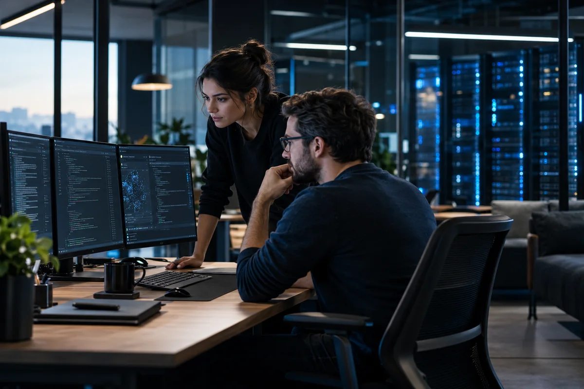 Illustrative software professionals collaborating in a technology workspace