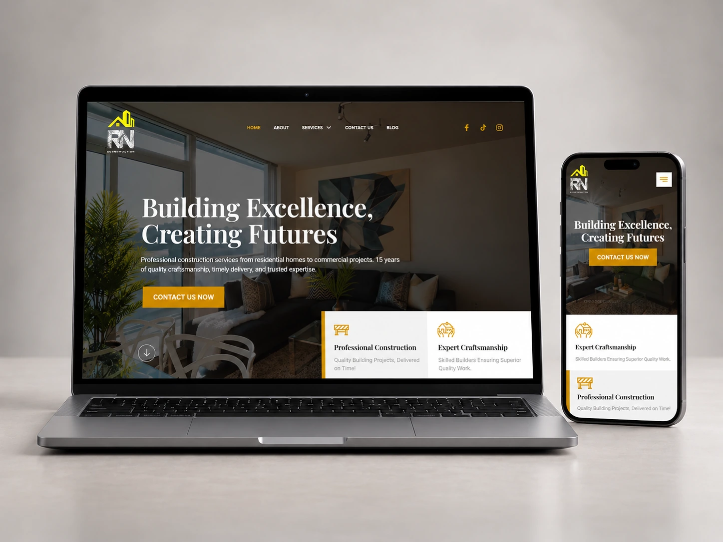 RN Construction laptop and mobile website mockup